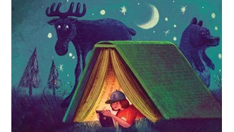 child reading in a book-shaped camping tent at night, moose and bear in background
